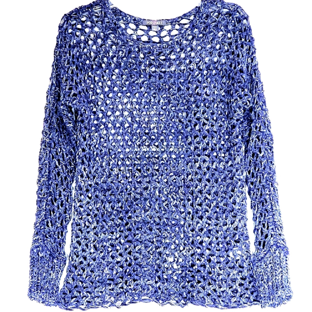 Nwot Roz & Ali Blue Metalic Knit Longsleeve Loise Weave Resortwear Sweater Top